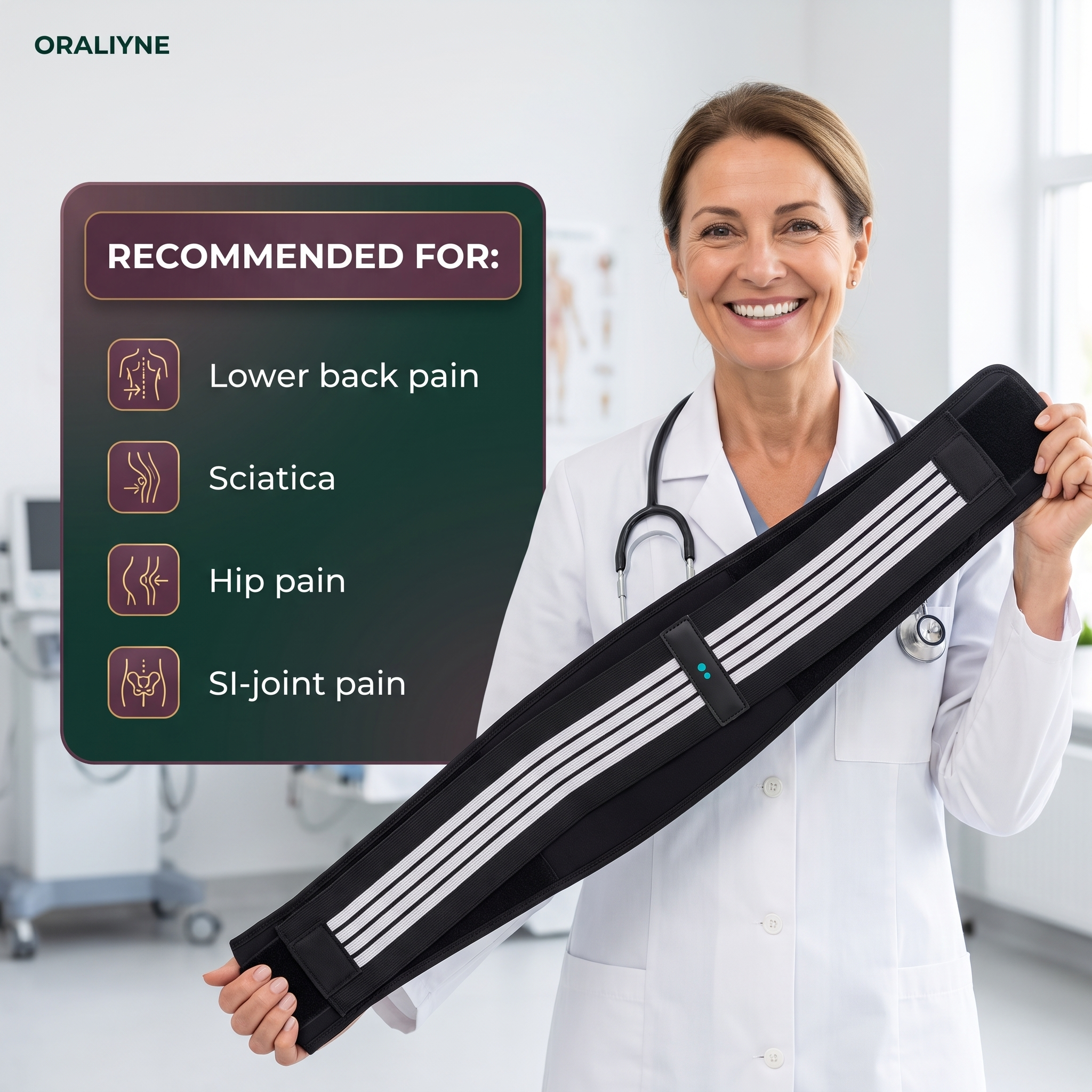 Recommended for lower back pain, sciatica, hip pain and SI-joint pain - Oraliyne SI-Joint Relief Belt