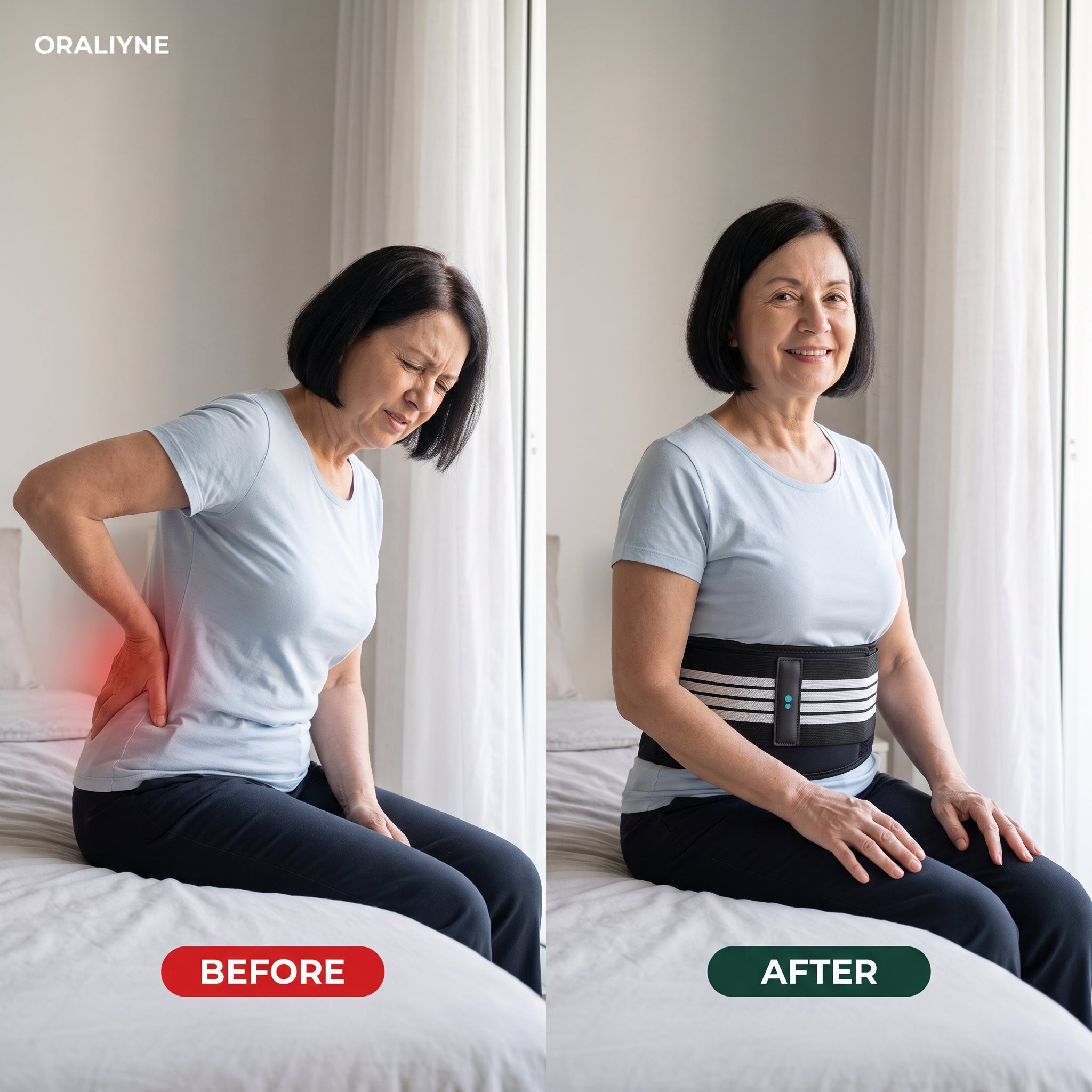 Before and after wearing the Oraliyne SI-Joint Relief Belt - from hunched and in pain to upright and relaxed